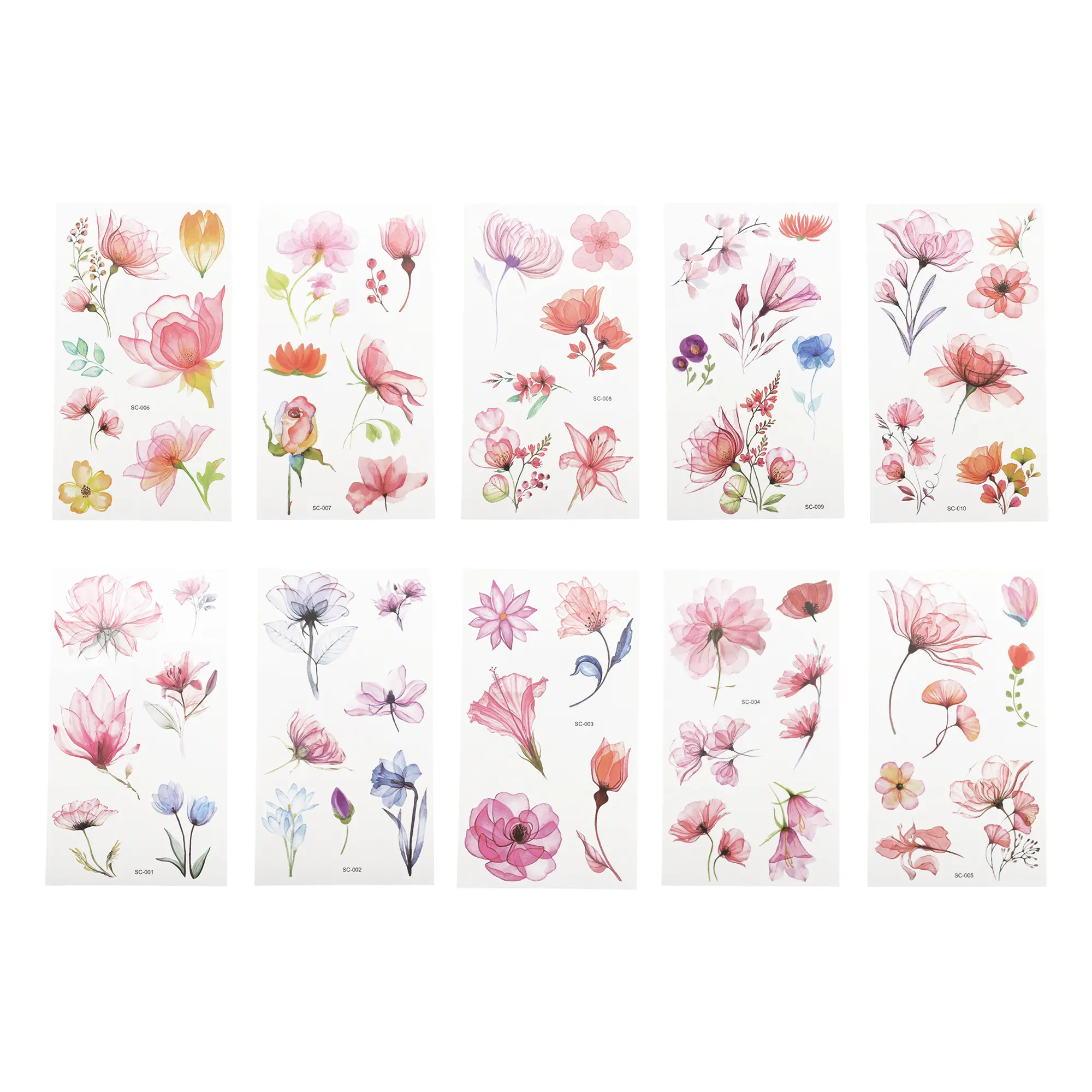 VOCOSTE Realistic Watercolor Flower Temporary Tatto Pink Green 10 Pcs