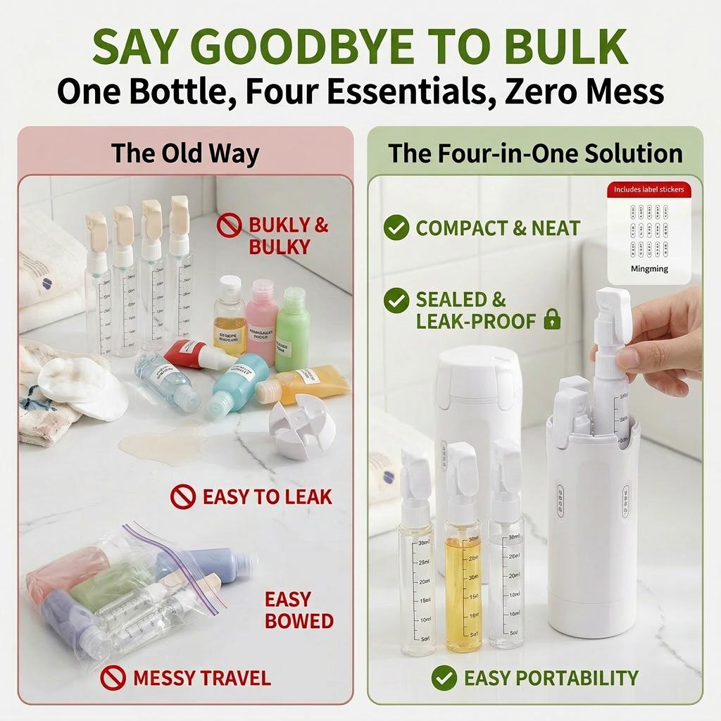 TSA Approved 4-in-1 Leak-Proof Refillable Travel Bottles, Cosmetic Toiletry Organizer with Label Stickers for Shampoo, Lotion, Compact Space-Saving Dispenser