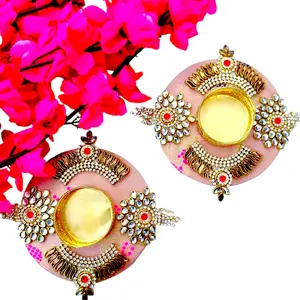Diya with Kundan or Stone Studded Design on brocade Plate / T-Light Holder - Return Gift for Any Indian Celebration - Set of 2