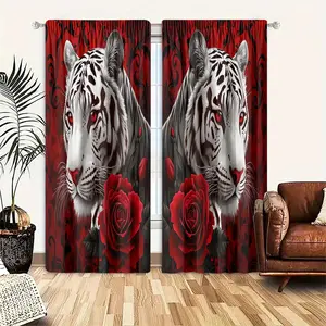 2pcs Set White Tiger & Rose Print Curtains - Light Filtering, Rod Pocket Design for Bedroom, Living Room, Office Decor - Durable Polyester, Machine Washable
