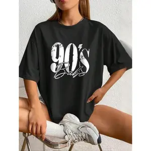 Women's Letter & Figure Print Drop Shoulder Tee, Casual Half Sleeve Round Neck T-shirt for Summer, Graphic Tees, Women's Top for Daily Wear, Summer Vacation Tops, Going Out Tops, Women's Clothing