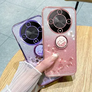 New High-End Gradient Flashing Preserved Flower Luxury Rhinestone Case for Honor Magic8 Lite/x9d, Full Protection Soft Shell with Ring Holder