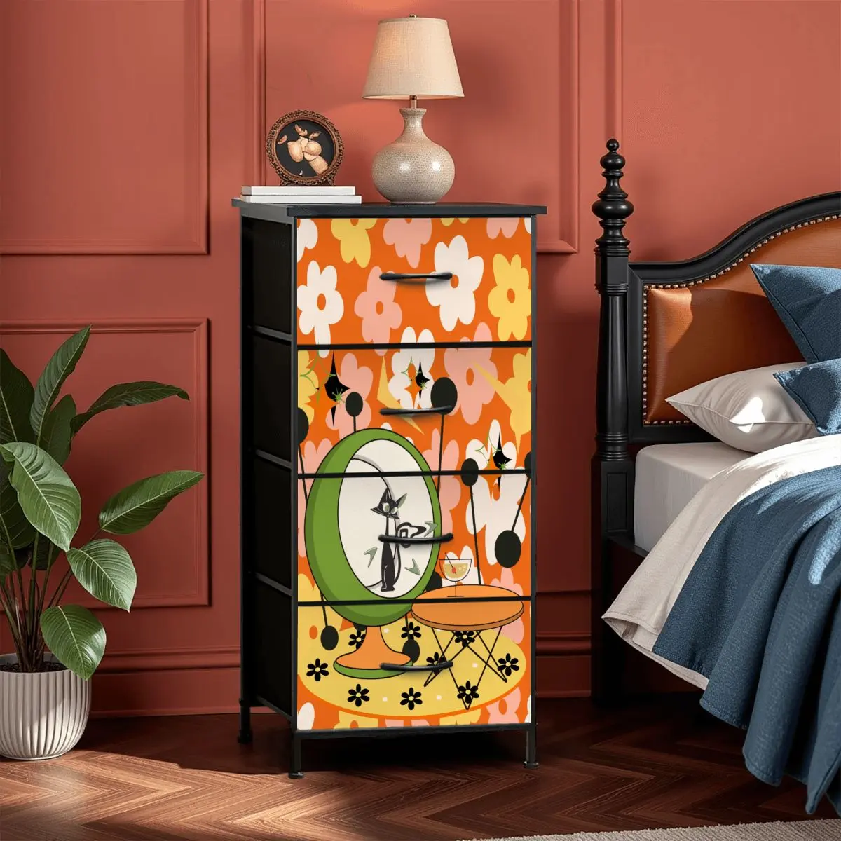 Retro Groovy Cat, Flower Power 70s Vibe, Kitschy Mid Mod 4-Drawer Dresser