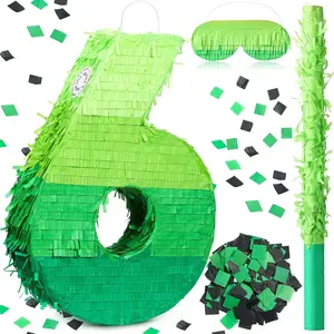 16 Inch Gradient Green Number Piñata Decorations with Blindfold Stick and Confetti for Birthday Baby Shower Safari Jungle Themed Party Supplies Centerpiece(Number 6)