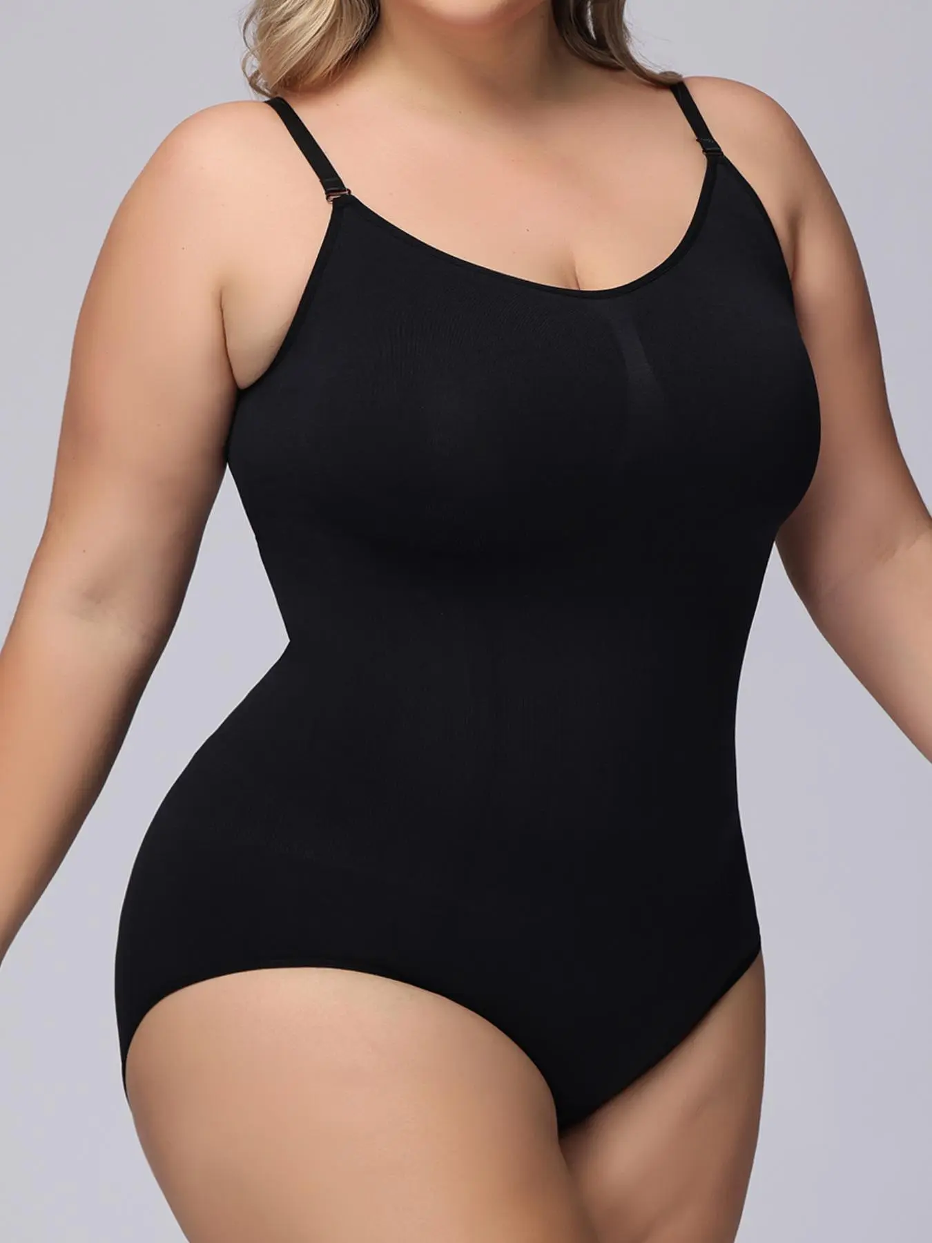 [Plus Size] Solid Color Spaghetti Strap Seamless Elastic Shapewear Bodysuit, Firm Tummy Control Butt Lifting Shaper, Women's Shapewear for Daily Wear, Compression