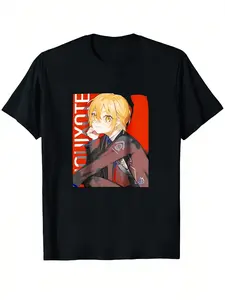 7.5oz Anime T-Shirt, Don Quixote Character Print, Casual Long Sleeve Top, Loose Fit, All Seasons, Plain Surface, Unlined