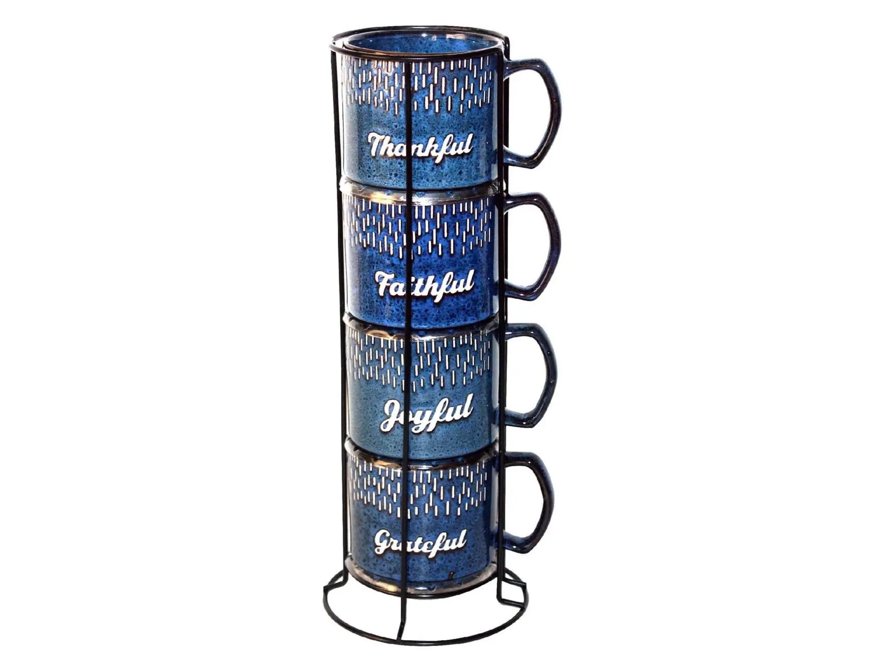 Marcelle W03M194 Stylish Ceramic Cup Set - 4-Piece 14 oz Stackable Mugs with Handles, Metal Black Stand, Blue, Drink