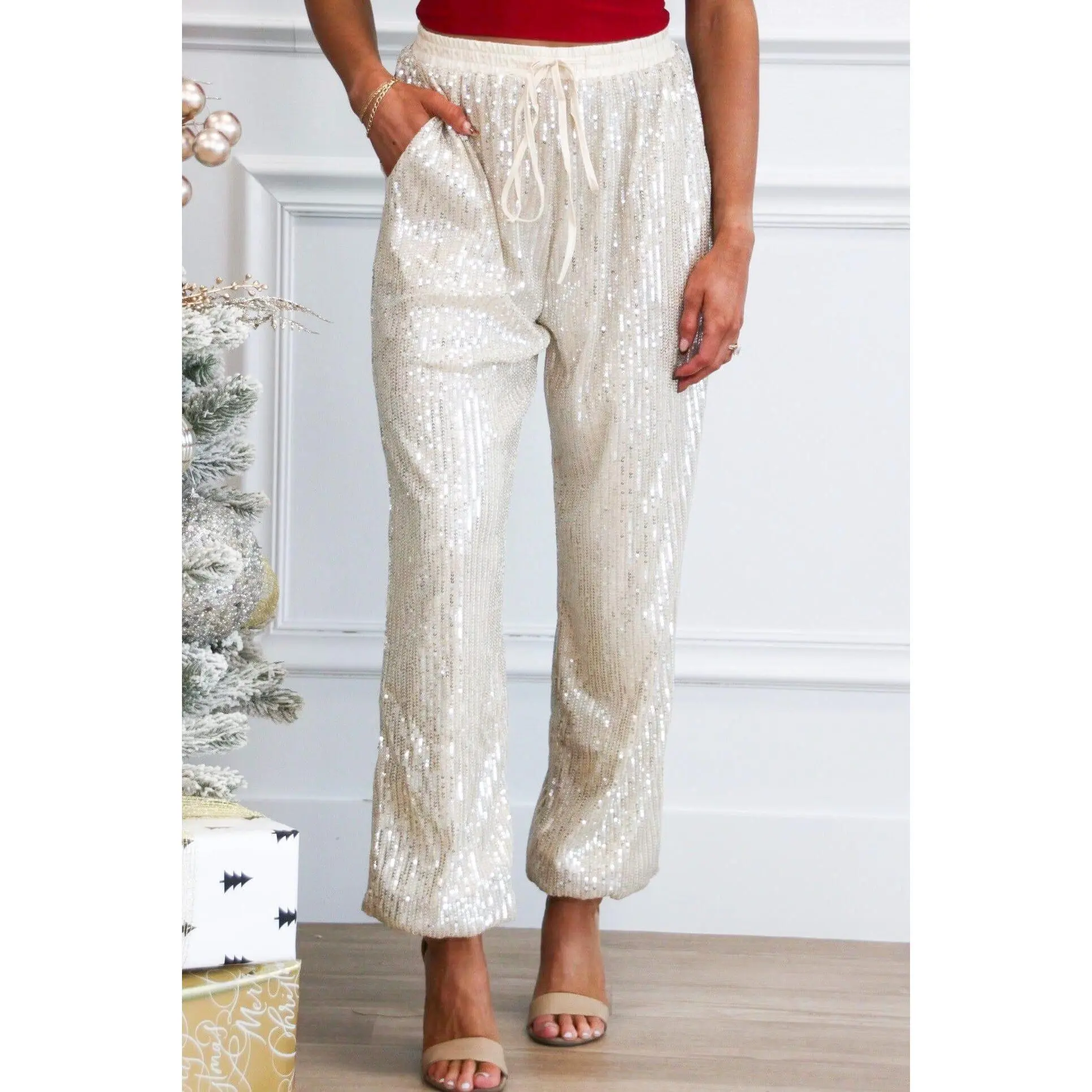 Holiday Cheer Sequin Joggers: Champagne