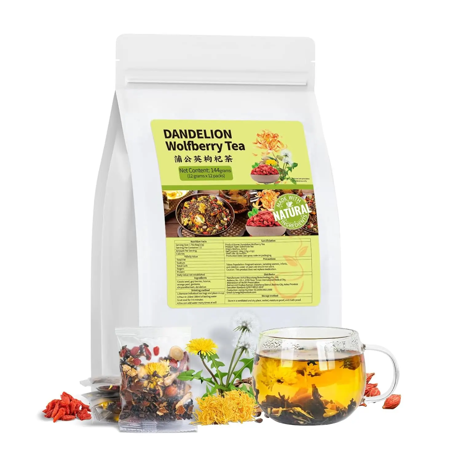 Dandelion Wolfberry Tea, Natural Kidneys & Liver Health Dandelion Root Tea with Dandelion, Wolfberry, Cassia Seed, Chrysanthemum, Licorice, Orange Peel, Gardenia (1 Pack/12 Bags)