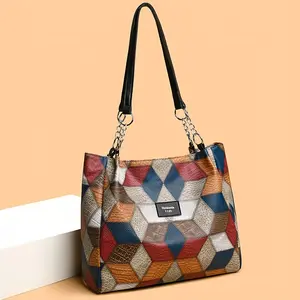 Women's Geometric Grid Tote Bag, Large Capacity Travel Handbag Purse for Daily Use, Multi-Color Pattern with Zipper Closure