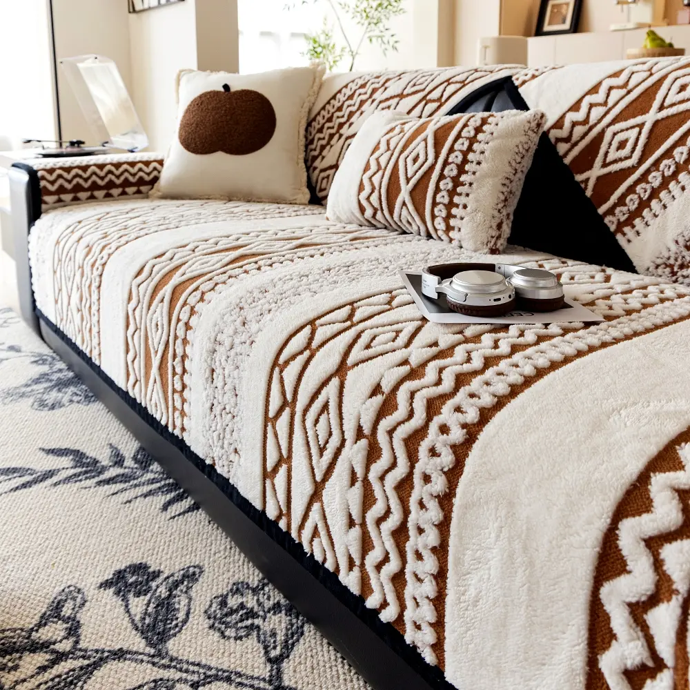 Boho Style Geometric Pattern Sofa Cover, Soft Plush Anti-Slip Pet Scratch Proof Couch Pad, Living Room Bedroom Decor, 1-4 Seater, Soft Sofa Protector, Couch Slipcover