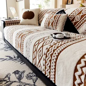 Boho Style Geometric Pattern Sofa Cover, Soft Plush Anti-Slip Pet Scratch Proof Couch Pad, Living Room Bedroom Decor, 1-4 Seater, Soft Sofa Protector, Couch Slipcover