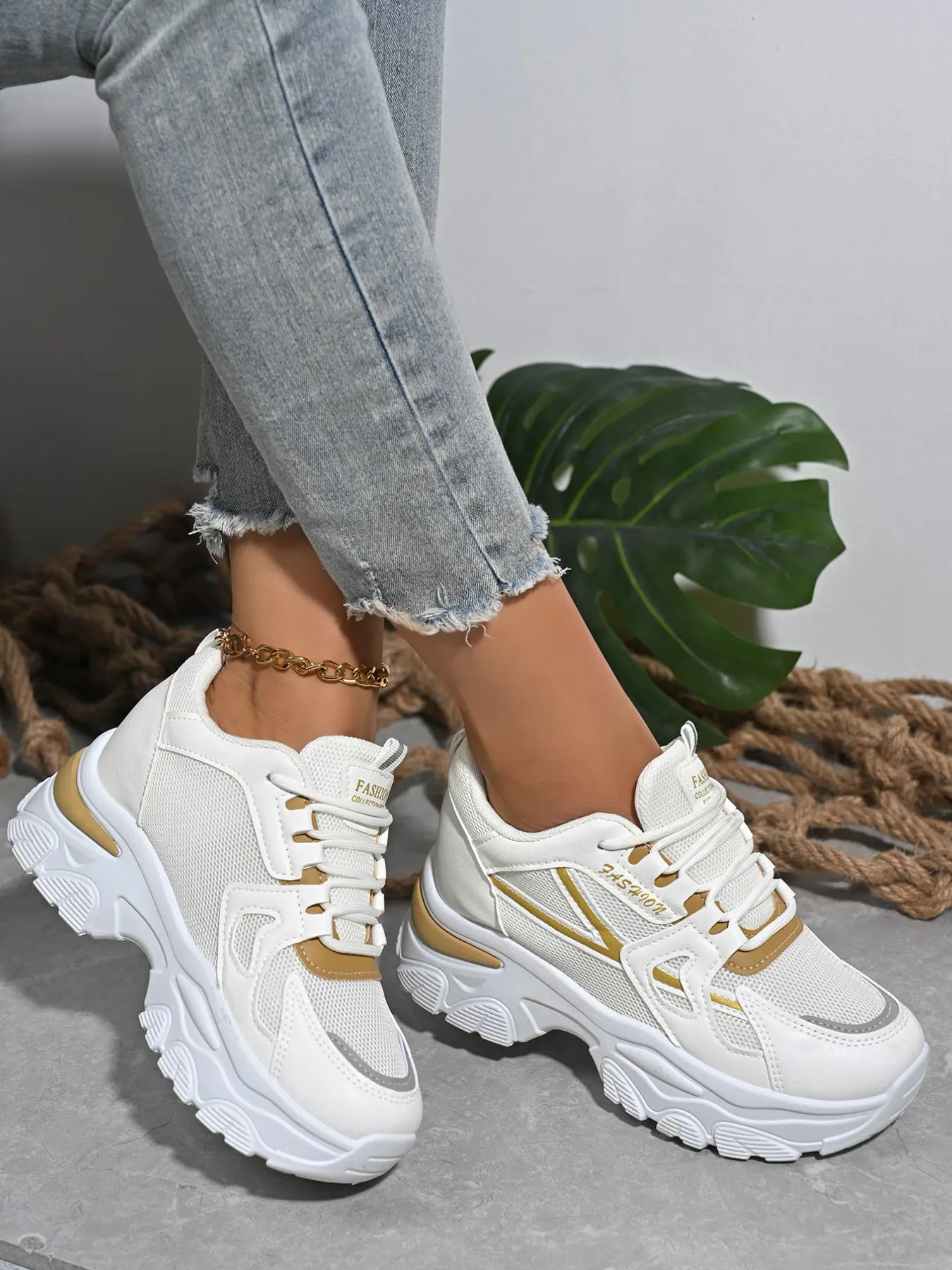 Chic Chunky Dad Sneakers for Women, Stylish Sneakers, Textile Sneakers, Lace-Up High Top Platform Trainers, Trendy Casual Walking Shoes for Street Style, Sports Shoes