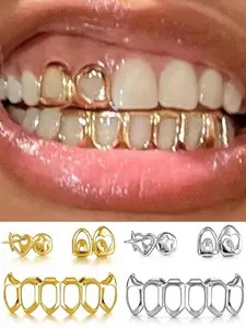 Gold-Plated Grillz Set Open Face Hip Hop Teeth Jewelry Gold Plated Dental Caps for Top Bottom Removable Grills for Women Men Party Festival