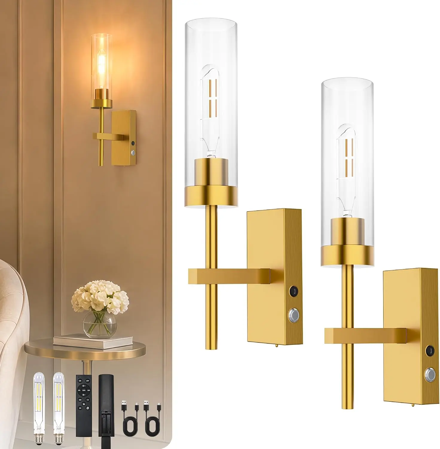 Battery Operated Wall Sconces Set of Two, 10000mAh Wireless Rechargeable Wall Lights with Remote Control, 17" Gold Dimmable Sconce for Living Room Bedroom Bathroom Hallway Entryway Stairwell