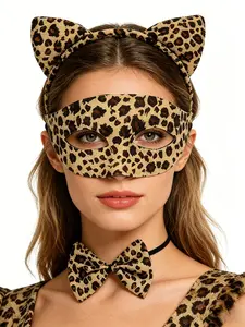 Leopard Print Cat Ear 3 Piece Set, Mask + Headband + Bow Tie, Halloween Party Role Play Costume Accessories, Universal Use