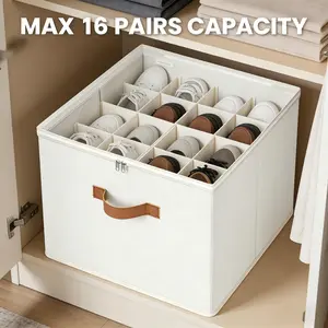 16 Pairs Large Capacity Shoe Storage Organizer for Closet, Foldable Shoe Container Box with Adjustable Dividers & Clear Lid, Dustproof Space Saving Shoe Rack, Beige