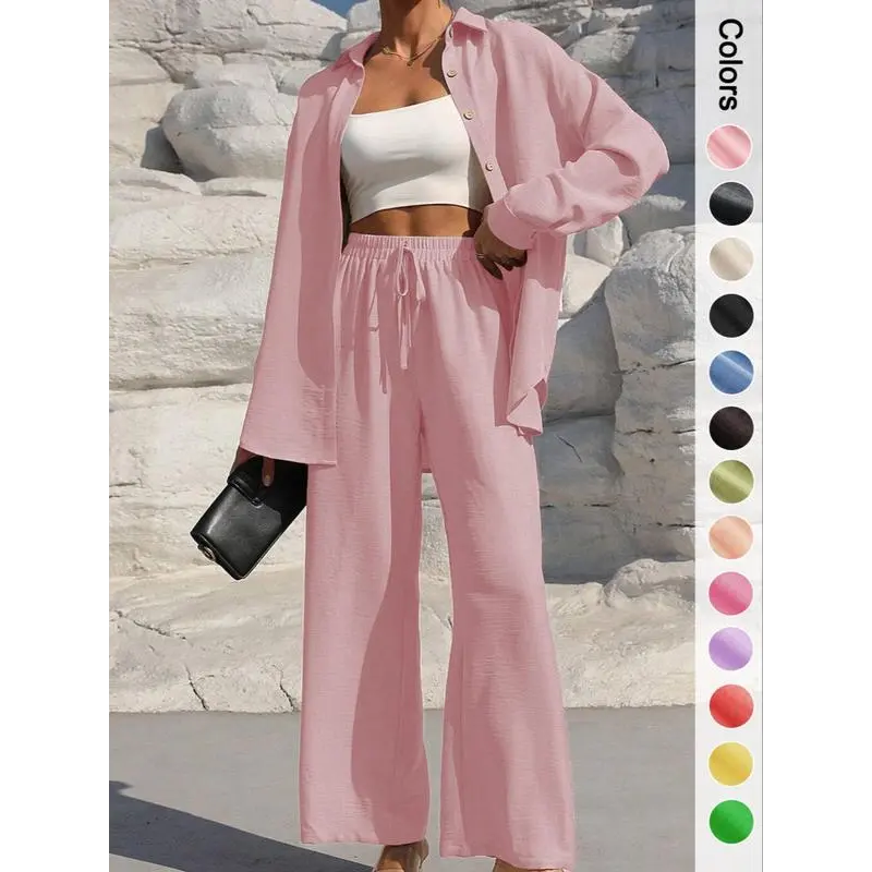 Charm Studio Women's Solid Button Front Shirt & Tie Front Wide Leg Pants Two-piece Set, Casual Drop Shoulder Long Sleeve Blouse Top & Trousers 2 Piece Set for Spring & Fall, Women's Clothes for Daily Wear Womenswear Suits Baby Pink Basic Gamis Minimalist