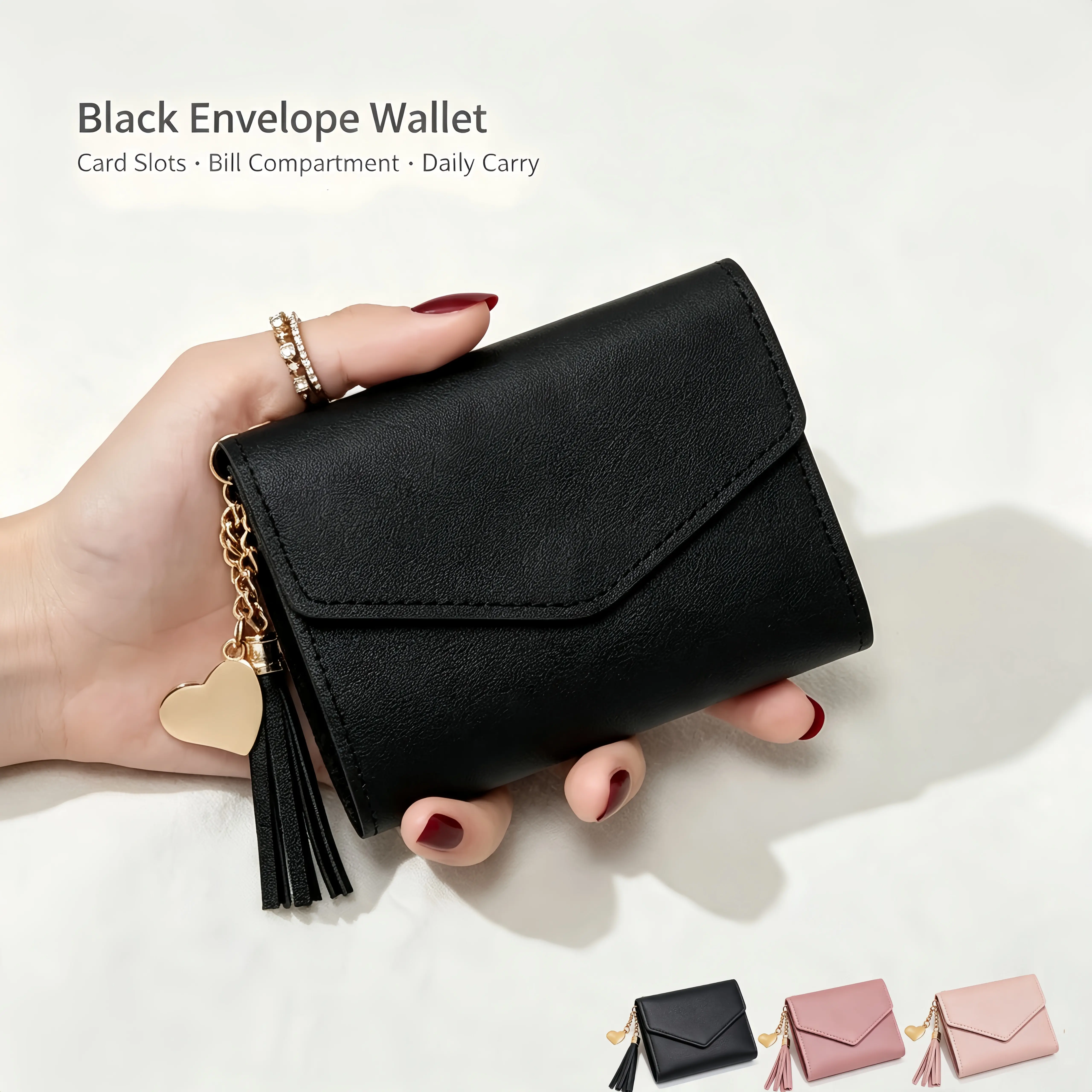 Slim Wallet for Women,PU Tri-fold Wallet for Women with Heart Pendant and Tassel, RFID Blocking With 6 Card Slots, 1 ID Window, 1 Cash Compartment,Daily Use,Birthday Gift