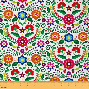 Mexican Style Outdoor Fabric by The Yard,1 Yard,Exotic Colorful Floral Upholstery Fabric,Bright Flower Leaves Fabric for Upholstery and DIY Projects, Exotic Floral Pattern, Waterproof Fabric