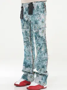 Rockstar Art Tapestry Stacked Flare Jeans Urban Streetwear