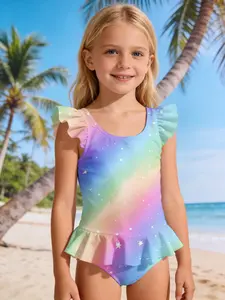 Girls' Rainbow Gradient One-Piece Swimsuit with White Star Polka Dots: Quick-drying, skin-friendly, and comfortable—no tight spots. This stylish swimsuit offers great coverage and is a dreamy must-have that moms can buy with confidence Summer Swimwear