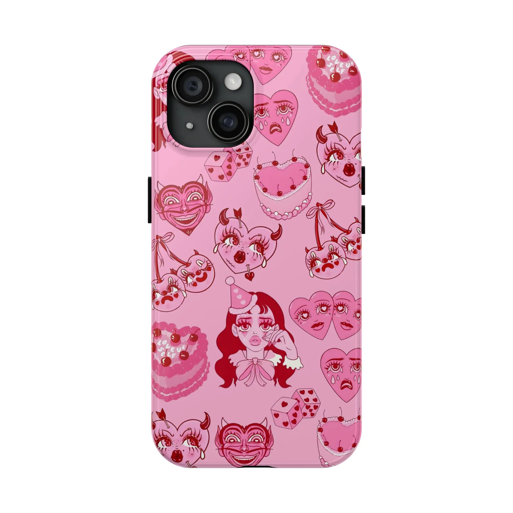 iPhone 15, 15 Pro, 15 Plus, 15 Pro Max, Cherry Whimsical Phone Case, Cute Pink Design, Cherry Cake Pink Print, Gifts for Friends, Birthday, Parties, Fun Style Durable Plastic Protection Smartphone