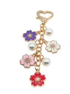 Japanese Handmade Multicolor Sakura Keychain, Drip Oil Bag Charm, Gift for Women Friends Couples, Pearl Pendant Accessory
