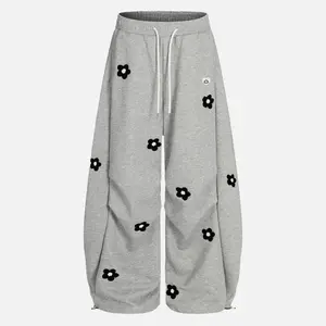 Unisex Floral Towel Embroidery Baggy Barrel Sweatpants Elastic Waist Drawstring Casual Pants Y2K  Streetwear Loose Fit Vintage Joggers