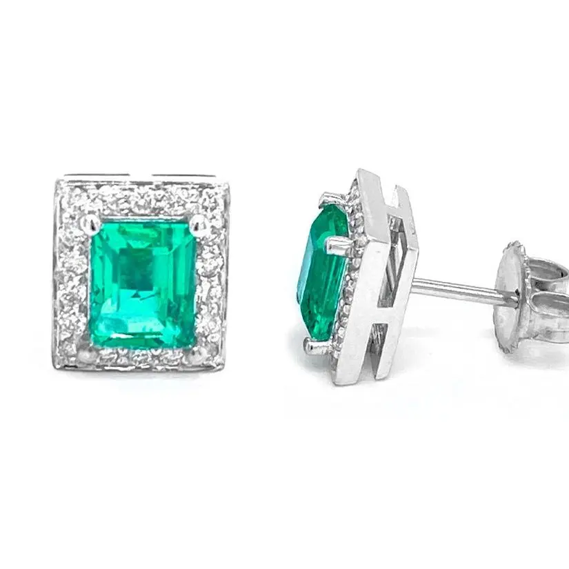 Natural Colombian Emerald & Diamond Earrings – 18k White Gold