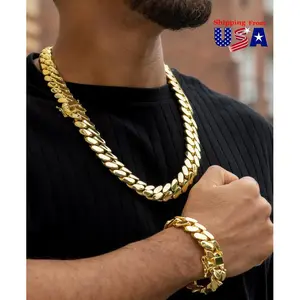 18mm Width Soild Stainless Steel Cuban Maimi Link Chain Necklace,14k Gold Plated Necklace for Men Women
