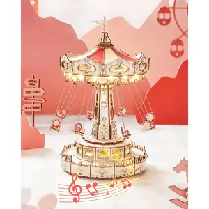 3D Puzzles Wooden Music Box Kit with LED, Rotating Swing Ride Mechanical Model Kit DIY Wood Craft Hobbies Kit for Adults Birthday for Boys/Girls Decor Ornaments