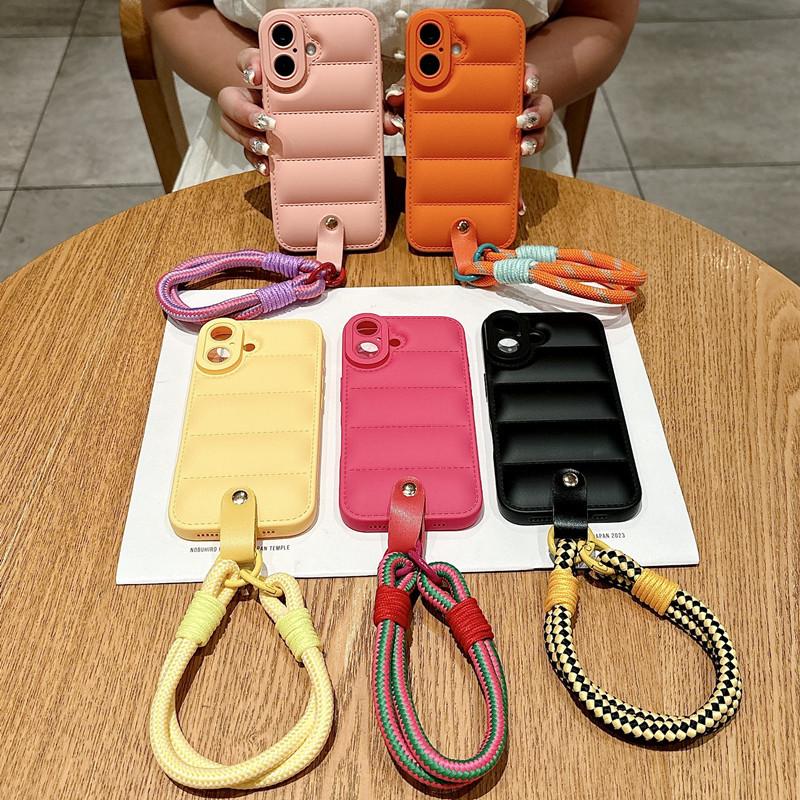 Luxury Liquid Down Jacket iPhone Case with Hand Strap | Oil Coated Protective Cover for iPhone 16 15 14 13 12 11 XR 7 8