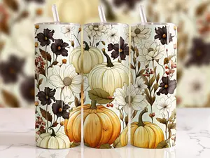 White and Orange Pumpkins With Flowers Tumbler Cup Mug With LIds and Straws