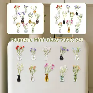10 Pack Magnetic Mini Glass Ceramic Vase Set with 10 Flowers - Slam Proof Mini Vase Fridge Magnet, Plant Vase Refrigerator Magnet, Clear Bud Holder for Propagation, Fridge Locker Office Decor