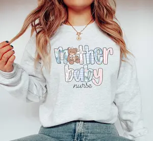 Mother Baby Nurse T-Shirt OR Sweatshirt • MBU Nurse Coquette Preppy Sweater • Postpartum Nurse Gifts • MB Nurse Gift • Labor Delivery Unit Nursing Bottom Bottom