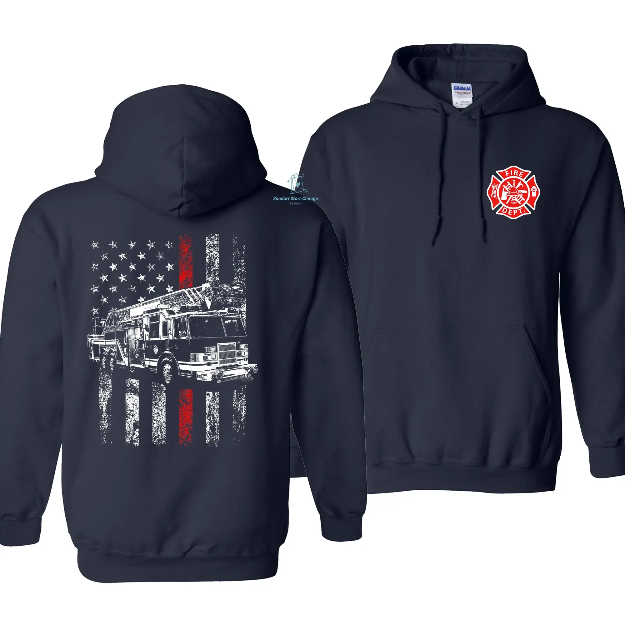 Firefighter Hoodie – American Flag Thin Red Line Pullover, Blue-Collar Pride Sweatshirt, Soft Cotton Fabric