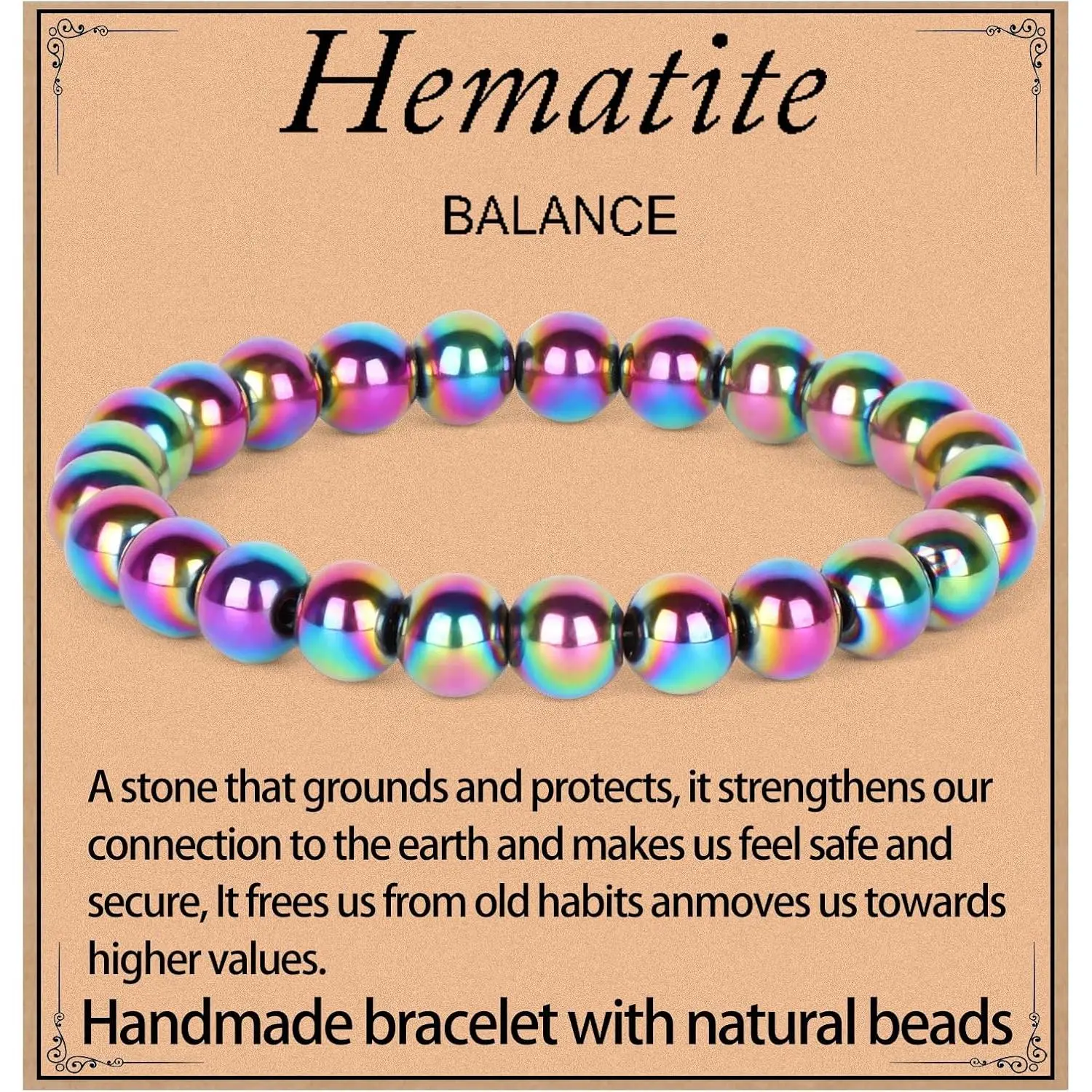 Handmade Rainbow Hematite Gemstone Bracelet for Men & Women, 8mm Healing Crystal Beads on a Stretch Cord, 7.5 Inches, Unisex Appeal, Handmade Craftsmanship, Adults