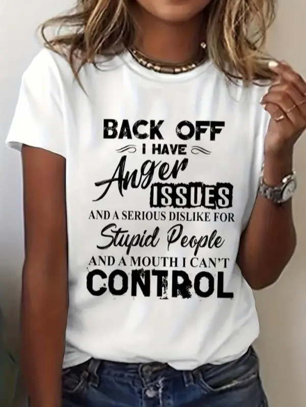 Women's "Back Off My Anger Issues" Slogan T-Shirt - Bold Statement Short Sleeve Crew Neck Top with Medium Stretch Fabric, Machine Washable Casual Tee for Summer & Spring, Relaxed Weekend Style, Expressive Fashion, Stretchy Material, Trendy Apparel, Women