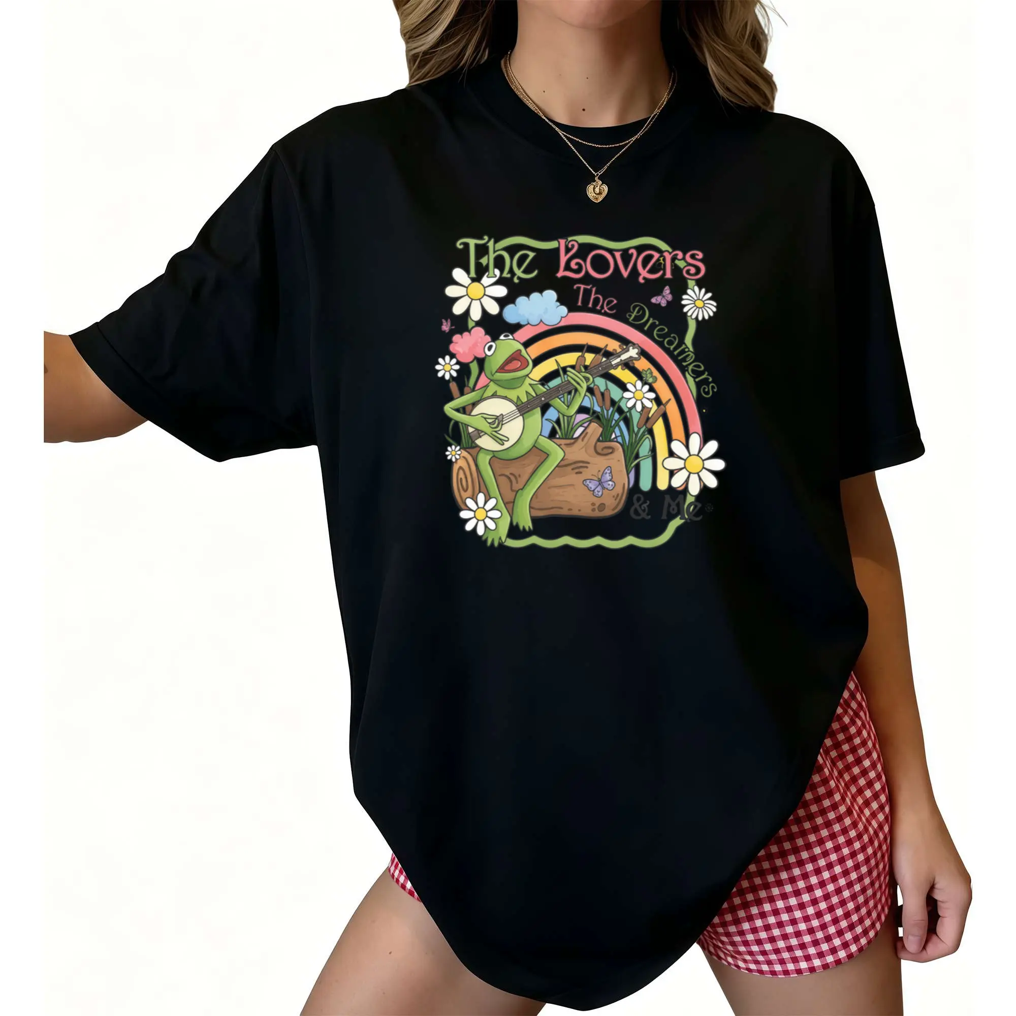 Vintage Watercolor Kermit the Frog Shirt Muppets Rainbow Tee oversized tshirt women 2026 Unisex Womenswear Short Sleeve Casual Top kermit fan tee retro watercolor shirt family matching top apparel Fit Fabric boho vintage graphic tees Comfy Everyday