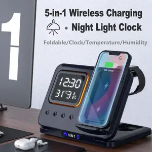 5-in-1 Wireless Charging Station with LED Night Light Bluetooth Clock Temperature Display USB-A & USB-C Ports for iPhone Android Apple Watch AirPods Perfect Gift TikTokShopBlackFriday