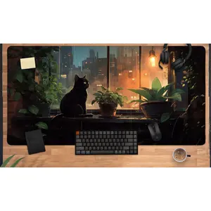 Cat & Plants Desk Mat, Cozy Lofi Mouse Pad, XL Gaming Mousepad led, anime rgb deskmat xxl, dark academia aesthetic, Cute office decor gift