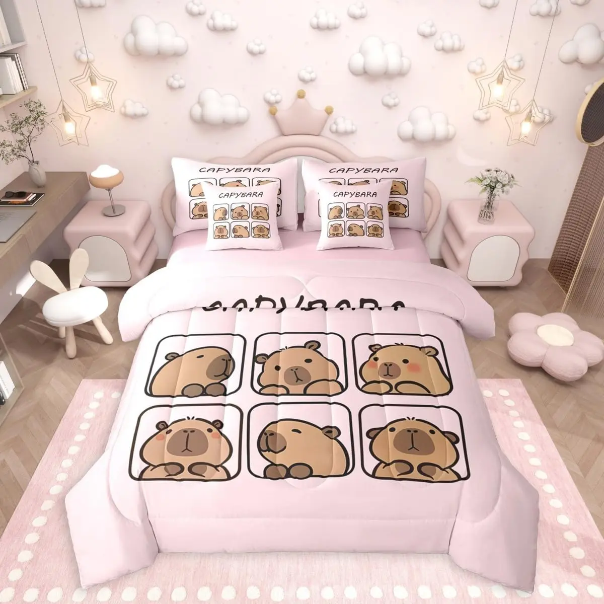 Capybara 7 Pieces Bedding Set,Cute Rodent Animal Bed in a Bag,Capybara Lovers Bed Set Includes Comforter,Sheet Set,Pillowcases & Pillow Covers,Cartoon Animal Bedroom Decor