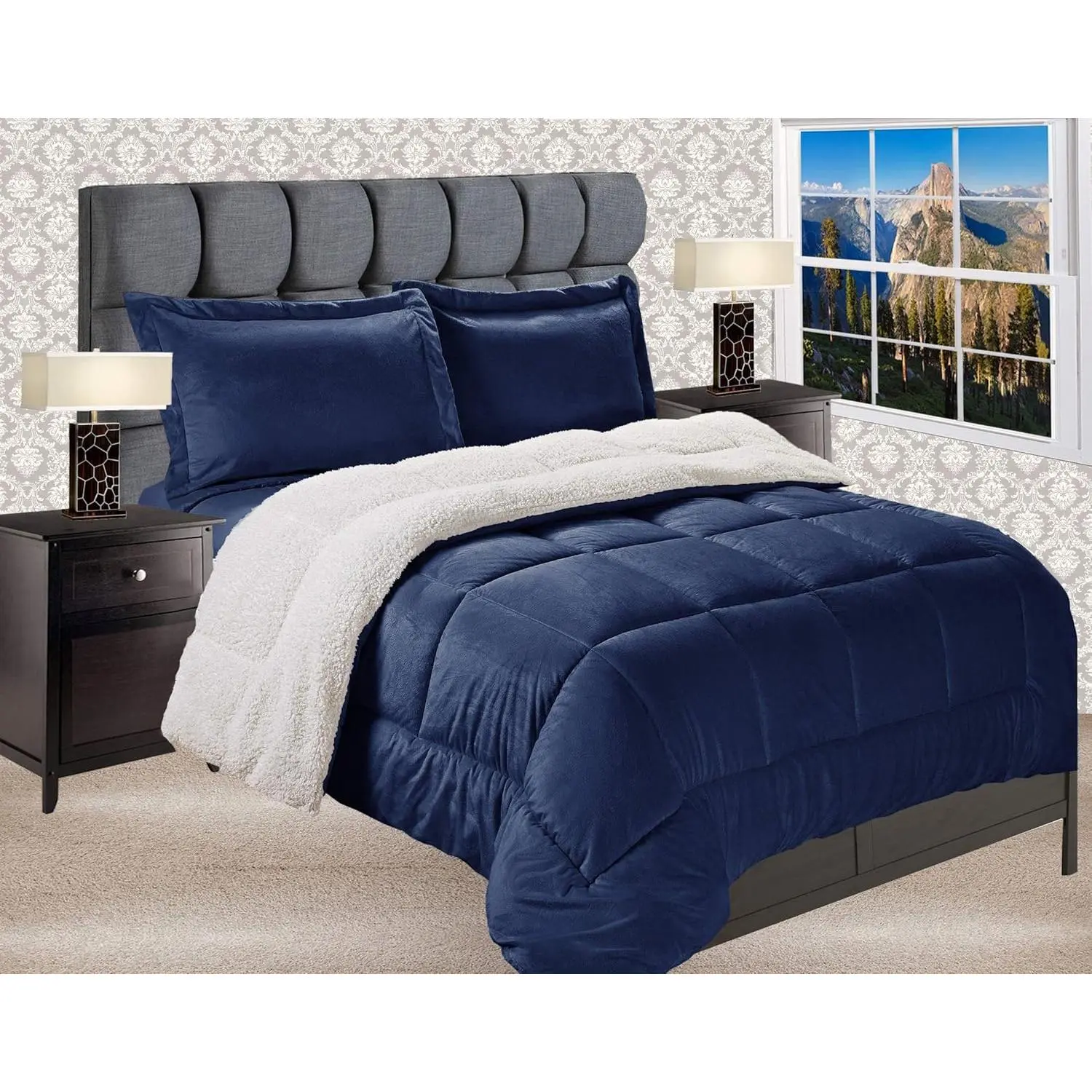 Full Size Navy Blue Premium Heavy-Weight Micromink Sherpa-Backed Down Alternative Suede Comforter - Wrinkle Resistant, Super Plush, Cozy Sleep, Box Stitching, Ideal for Mothers, Father’s Day Gifting