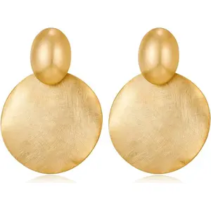 Big Disc Drop Earrings Gold Dangle Earrings Round Hammered Earrings Women