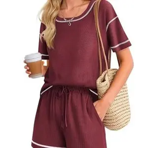 Ekouaer Women Lounge Set 2 Piece Waffle Knit Pajama Set Matching Outfits Shorts Set Comfy Sleepwear Loungewear with Pockets