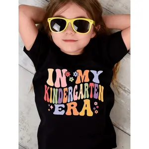 Girls' Cotton T-Shirt | 'In My Kindergarten Era' Colorful Letter Print | Casual Round Neck | Short Sleeve | Breathable Knit Fabric | Machine Washable | Summer Top for Youngsters, Girls Shirts