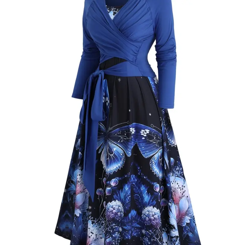 [Plus Size] Plain Ruched Top & Butterfly Print Cami Dress Two-piece Set, Casual Boho Bohemian, Casual Long Sleeve Top & Adjustable Strap Long Dress for Daily Wear, Women's Two-piece Outfits for Spring & Fall, Boho Casual Elegant