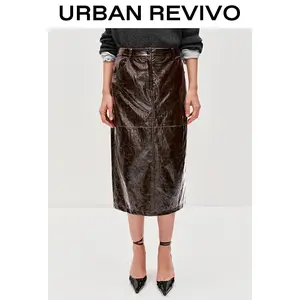 URBAN REVIVO PU Straight Midi Skirts UWJ550062