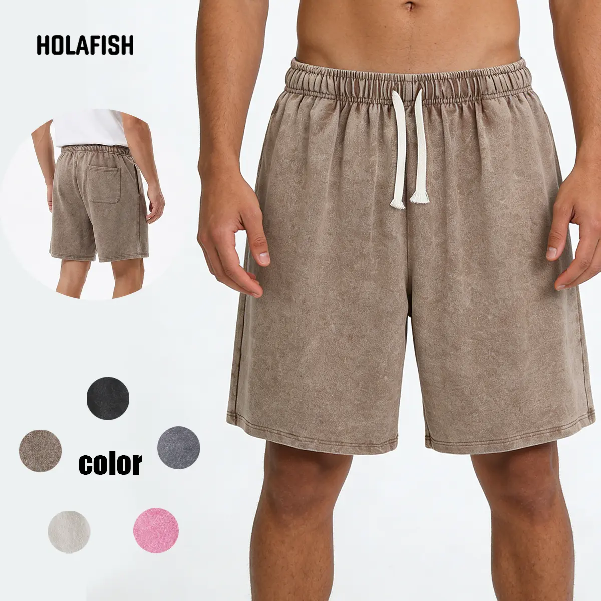Holafish Vibe Men's Retro Acid-Washed Plain Casual Shorts - Elastic Drawstring Waist, Cotton Breathable Oversized Relaxed Fit, Beach & Streetwear Beige Menswear Bottoms